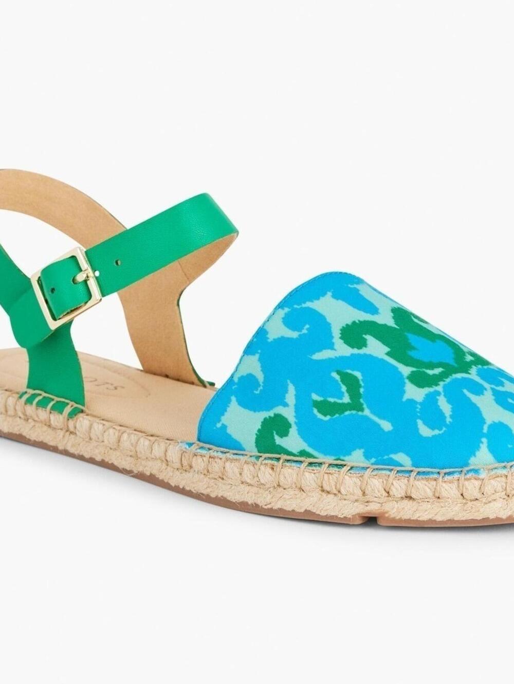 Talbots 7M Blue Green Cotton Ikat  Leather Ankle Strap Espadrille Sandals